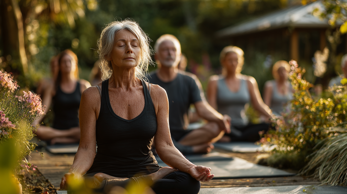 Група людей зрілого віку займається йогою на природі